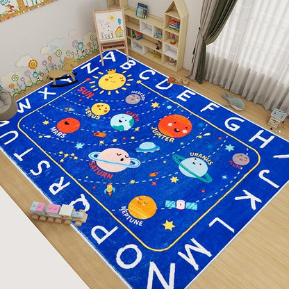 Outer Space Kids Rug,59"X39.4" ABC Alphabet Educational Kids Rugs for Playroom,Non Slip Solar System Galaxy Planets Playroom Rug,Washable Kids Area Rug Carpet for Classroom Bedroom Kids Room Decor