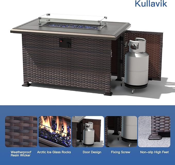 Kullavik 15PCS Outdoor Patio Furniture Set with 43" 55000BTU Gas Propane Fire Pit Table PE Wicker Rattan Sectional Sofa Patio Conversation Sets w/8 Coner Sofas,Grey