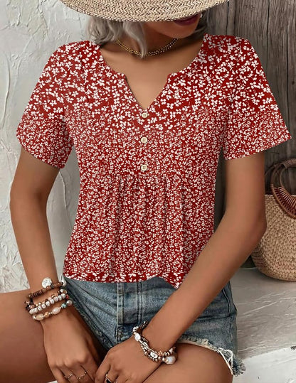 Zeagoo Womens Short Sleeve Tops Summer Henley V-Neck Tshirts Casual Pleated Blouse Dressy Loose Floral Basic Tee