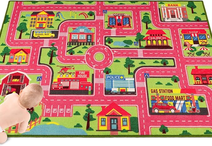 Kids Carpet Playmat Rug 59"x39.4", Car Rug for Kids Cars, Non-Slip Town City Road Map Kids Rug for Playroom Bedroom Boys, Kids Car Mat Road Rug, Track Rug Car Play Rug for Kids (59X39.4 INCH-Pink)
