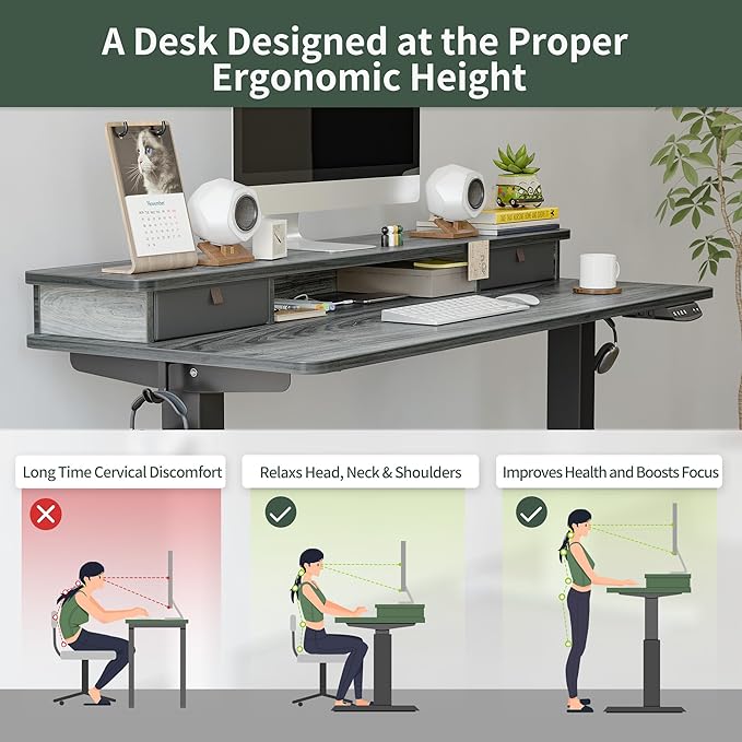 FEZIBO 60 x 24 Inch Height Adjustable Electric Standing Desk with Double Drawer, Stand Up Desk with Storage Shelf, Sit Stand Desk, Grey