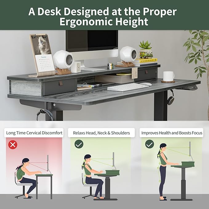 FEZIBO 55 x 24 Inch Height Adjustable Electric Standing Desk with Double Drawer, Stand Up Desk with Storage Shelf, Sit Stand Desk, Grey