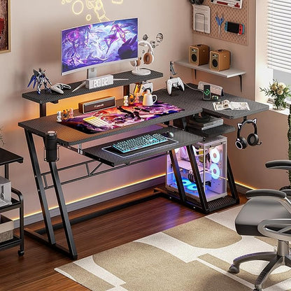 Gaming Desk with Shelves and Outlets, L Shaped Gaming Desk with LED Lights, Reversible L Shaped Computer Desk for Gamer, Carbon Fiber Black, 47"