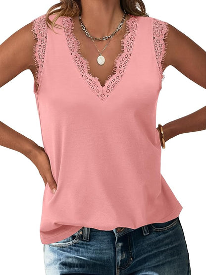 ANRABESS Womens Lace Trim Tank Tops V Neck Sleeveless Shirts 2026 Summer Casual Trendy Dressy Cami Top