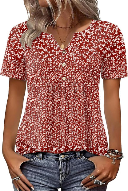 Zeagoo Womens Short Sleeve Tops Summer Henley V-Neck Tshirts Casual Pleated Blouse Dressy Loose Floral Basic Tee