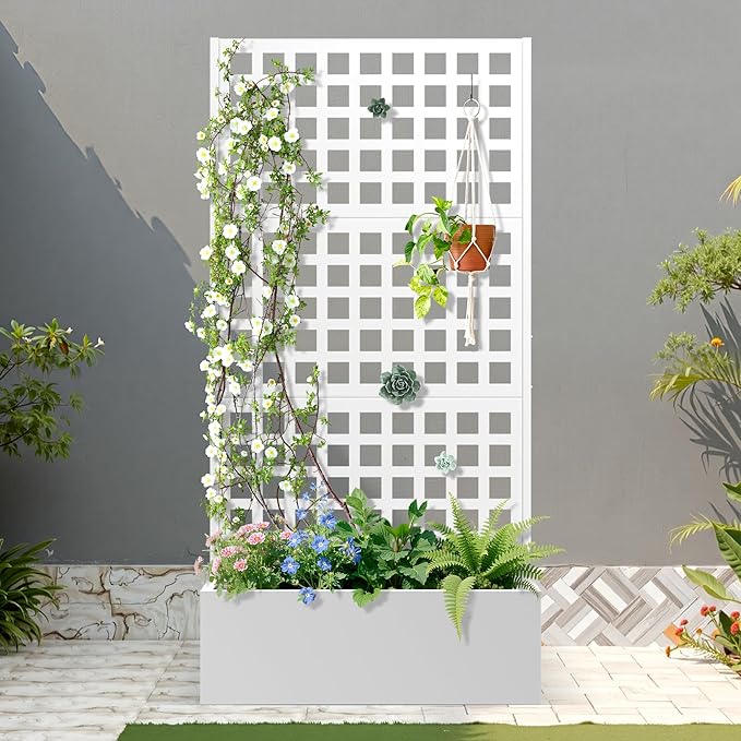 FENCY Metal Raised Garden Bed with Trellis, Planter Box with Trellis, Garden Box for Climbing Plants Vegetable, 35''Lx16''Wx71''H Metal Garden Bed with Drainage Holes(White)