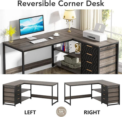59-Inch L Shaped Desk with Drawers, Large Computer Desk with Storage Shelves, Reversible L-Shaped Corner Desk Workstation for Home Office