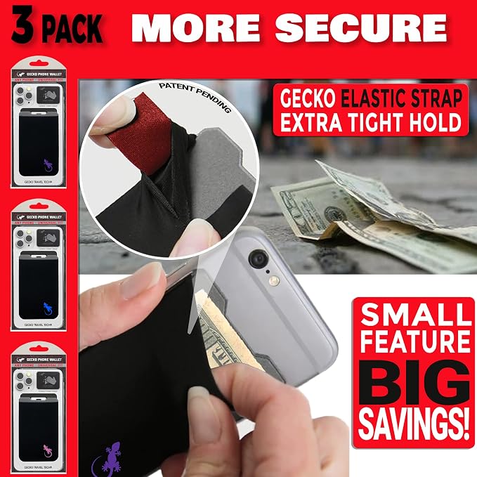 Phone Wallet - Adhesive Card Holder - Cell Phone Pouch - Stick on Lycra Pocket by Gecko - Carry Credit Cards and Cash