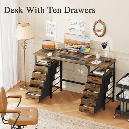 Desk with 10 Fabric Drawers Classified Organizer - 55"/140 Office Desks with Ample Storage, Computer Work Desk Study Writing Table Workstation for Home Office Space Brown