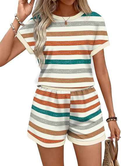 WIHOLL Two Piece Sets for Women Summer Lounge Short Sets Cap Sleeve Crew Neck Sweatsuit with Pocket XS-2XL