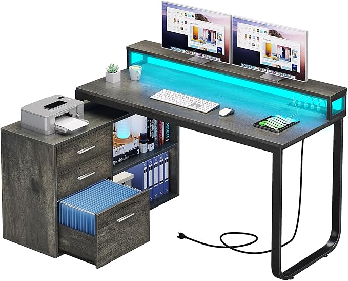 YITAHOME L Shaped Desk with Power Outlets & LED Lights & File Cabinet, 55" Corner Computer Desk with 3 Drawers and 2 Storage Shelves, Home Office Desk with Monitor Stand, Grey