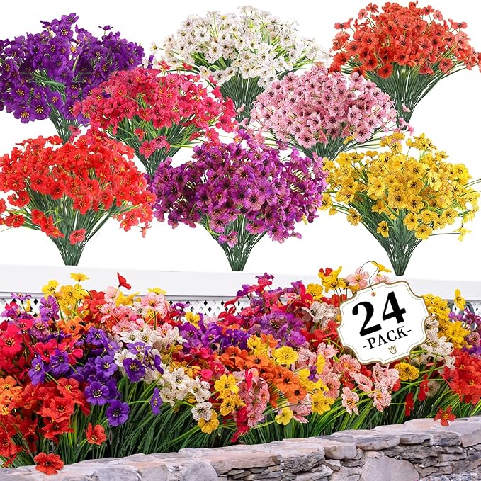 24 Bundles Artificial Flowers for Outdoors/Indoors, Fake Flowers Plants for Indoor Outside Garden Porch Window Box Home Wedding Farmhouse(8 Color)