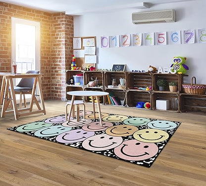 Flagship Carpets Schoolgirl Style Pastel Rainbow Smileys on Notebook Educational Area Rug for Kids Room Seating Décor, Children's Classroom, Play Carpet for Teaching and Playroom, 5' x 7'6", Multi