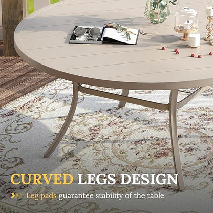 VICLLAX 63" Outdoor Round Patio Table with Umbrella Hole, All Weather Metal Round Outdoor Dining Table for Lawn Garden, 8-10 Person Table, Sandshell