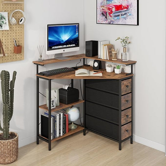 Corner Desk with Drawers Shelves for Small Space 90 Degrees Triangle Computer Desk with Power Outlets,Gaming Desk with LED Lights Monitor Stand for Home Office Workstation Writing Table (Brown)