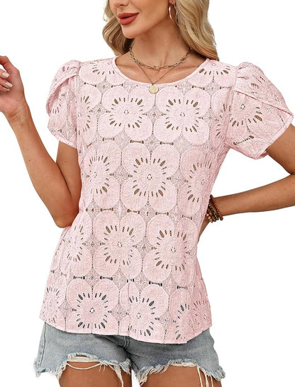 OFEEFAN Blouses for Women Dressy Casual Petal Short Sleeve Shirts Crochet Lace Boho Tops Spring Fashion Summer Outfits