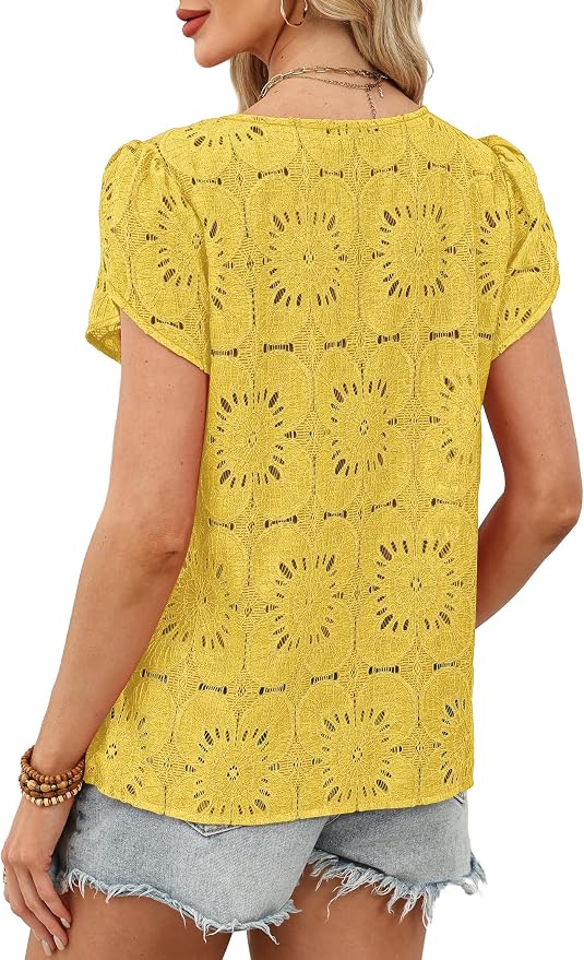 OFEEFAN Blouses for Women Dressy Casual Petal Short Sleeve Shirts Crochet Lace Boho Tops Spring Fashion Summer Outfits
