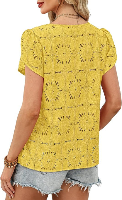 OFEEFAN Blouses for Women Dressy Casual Petal Short Sleeve Shirts Crochet Lace Boho Tops Spring Fashion Summer Outfits