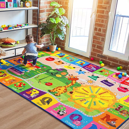 Kids Rug Cute Playroom Rug with ABC Alphabet Animals Classroom Rug Educational and Fun 4x6 Area Rugs for Baby Toddler Children Learning Girls Boys Bedroom Nursery Rug Washable