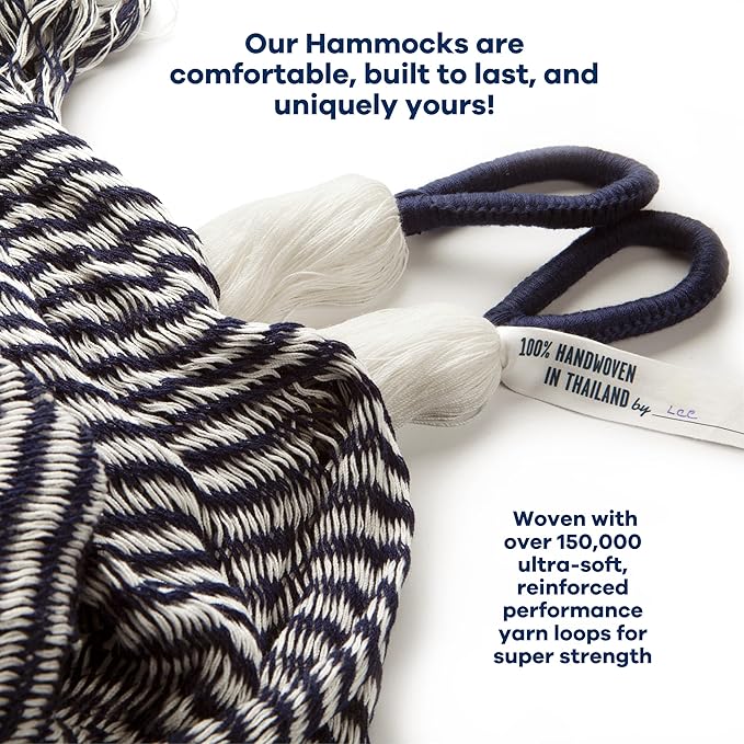 Handwoven Hammock by Yellow Leaf Hammocks - Double Size, Fits 1-2 PPL, 400lb max - Weathersafe, Super Strong, Easy to Hang, Ultra Soft, Artisan Made - Color: Stripe Navy Blue - White