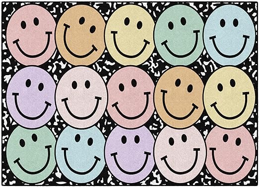Flagship Carpets Schoolgirl Style Pastel Rainbow Smileys on Notebook Educational Area Rug for Kids Room Seating Décor, Children's Classroom, Play Carpet for Teaching and Playroom, 5' x 7'6", Multi