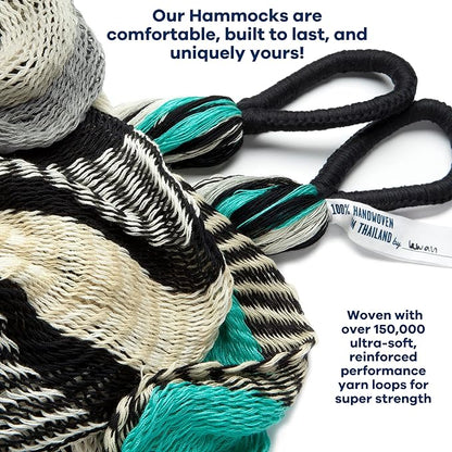 Handwoven Hammock by Yellow Leaf Hammocks - Double Size, Fits 1-2 PPL, 400lb max - Weathersafe, Super Strong, Easy to Hang, Ultra Soft, Artisan Made - Color: Turquoise - Black -White