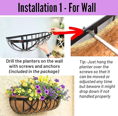 LaLaGreen 36 Inch, 4 Pack Window Boxes Planters – Large Black Metal Window Boxes for Outdoor Plant, Wall Mount Flower Pot with Coco Liner, Attach to House Fence Balcony Herb for Patio Porch Garden