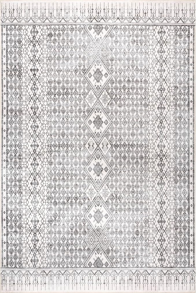 nuLOOM Hettie Transitional Tribal Machine Washable Ultra Thin Area Rug, 5' x 8', Light Grey