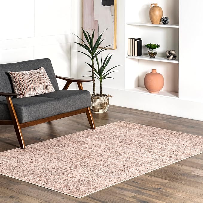 nuLOOM Shontal Traditional Machine Washable Ultra Thin Area Rug, 4' x 6', Beige