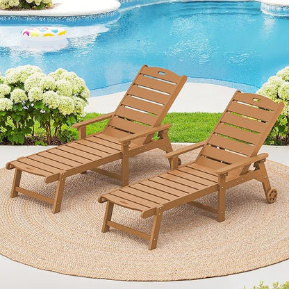 LUE BONA Outdoor Chaise Lounge Chairs Set of 2, HDPS Chaise Lounger, 5 Positions Adjustable Lounge Chairs, Pool Lounge Chair with Wheels for Poolside, Patio, Restaurant, 3 Year Warranty, Teak Color