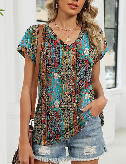 Rapbin Womens Summer Tops Women Blouses Dressy Casual V Neck T Shirts Short Sleeve Spring Tops for Women