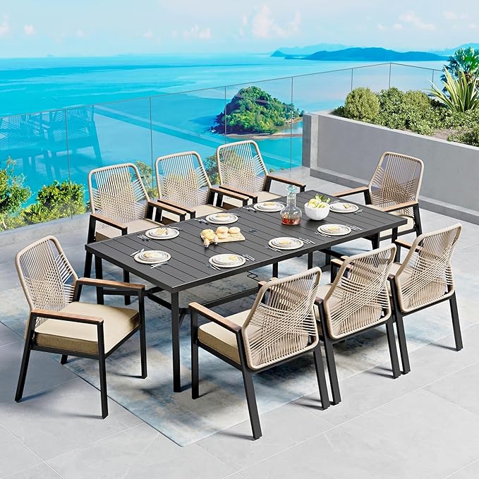 9 Pieces Patio Dining Set, 8 x Woven Rattan Chairs with Waterproof Cushion, 83" Rectangular Metal Dining Table with Umbrella Hole, Outdoor Table and Chairs Set for Backyard Lawn and Deck, Beige