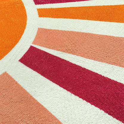 Round Washable Rug 4 Ft Small Round Rug for Kids Room, Orange Sun Circle Rug for Playroom, Non-Slip Circular Office Carpet Soft Rainbow Rug for Bedroom Reading Corner Dorm