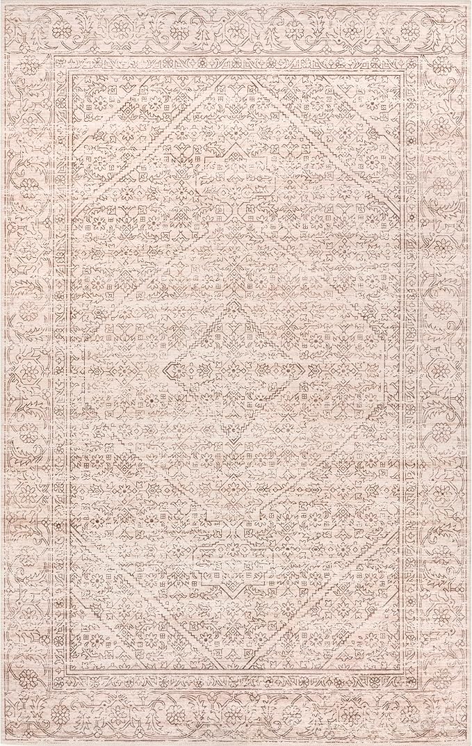 nuLOOM Shontal Traditional Machine Washable Ultra Thin Area Rug, 4' x 6', Beige