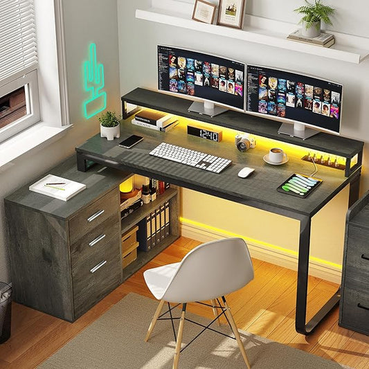 YITAHOME L Shaped Desk with Power Outlets & LED Lights & File Cabinet, 55" Corner Computer Desk with 3 Drawers and 2 Storage Shelves, Home Office Desk with Monitor Stand, Grey