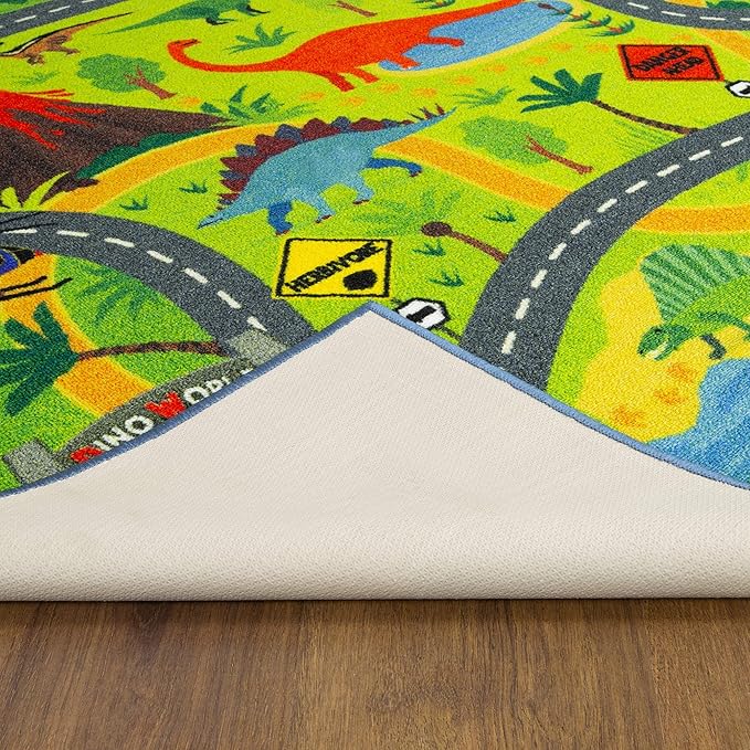 KC Cubs Playtime Collection Dinosaur Dino Safari Road Map Educational Learning & Game Area Rug Carpet for Kids and Children Bedrooms and Playroom (3'3" x 4'7")