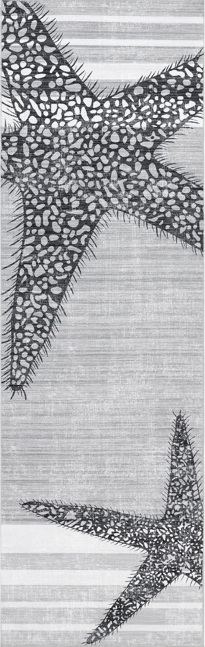 nuLOOM Starfish and Stripes Machine Washable Ultra Thin Runner Rug, 2' 6" x 8', Light Grey