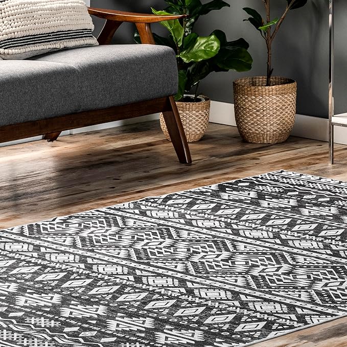 nuLOOM Madlyn Tribal Machine Washable Ultra Thin Area Rug, 8' x 10', Charcoal