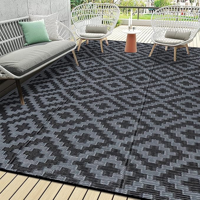 SAND MINE Waterproof Outdoor Rug 9x18 ft, Plastic Reversible Rug, Modern Area Rug, Large Floor Mat for Outdoors, RV, Patio, Backyard, Deck, Picnic, Beach, Camping, Black Grey Lattice