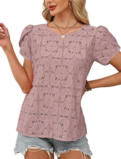 OFEEFAN Blouses for Women Dressy Casual Petal Short Sleeve Shirts Crochet Lace Boho Tops Spring Fashion Summer Outfits