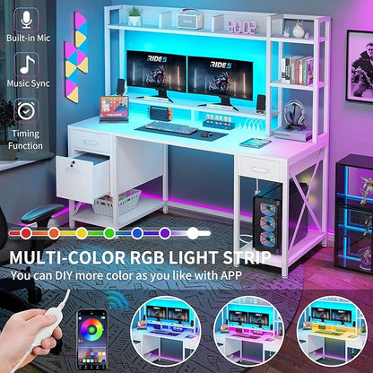 YITAHOME Computer Desk with Drawers & Power Outlets, File Drawers with Lock, 59" Home Office Desk with Storage Shelves & Monitor Stand, Gaming Desk with LED Lights & Hutch, White