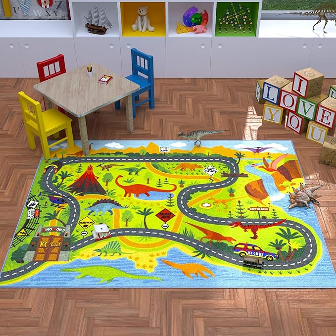 KC Cubs Playtime Collection Dinosaur Dino Safari Road Map Educational Learning & Game Area Rug Carpet for Kids and Children Bedrooms and Playroom (3'3" x 4'7")