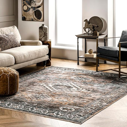 nuLOOM 2x3 Machine Washable Rain Haven Vintage Medallion Area Rug, Rust, Traditional Faded Design, Non-Slip Backing, Stain Resistant, For Bedroom, Dining Room, Living Room, Kitchen