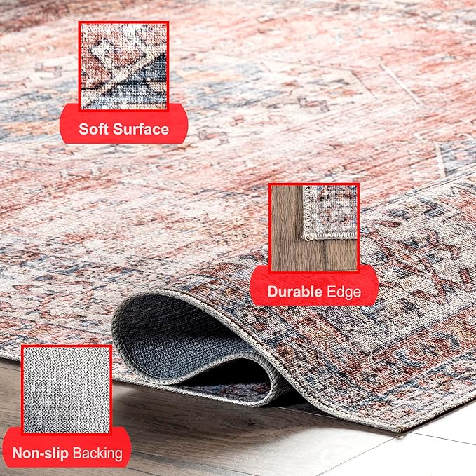 nuLOOM Desna Machine Washable Faded Vintage Ultra Thin Runner Rug, 2' 6" x 8', Peach