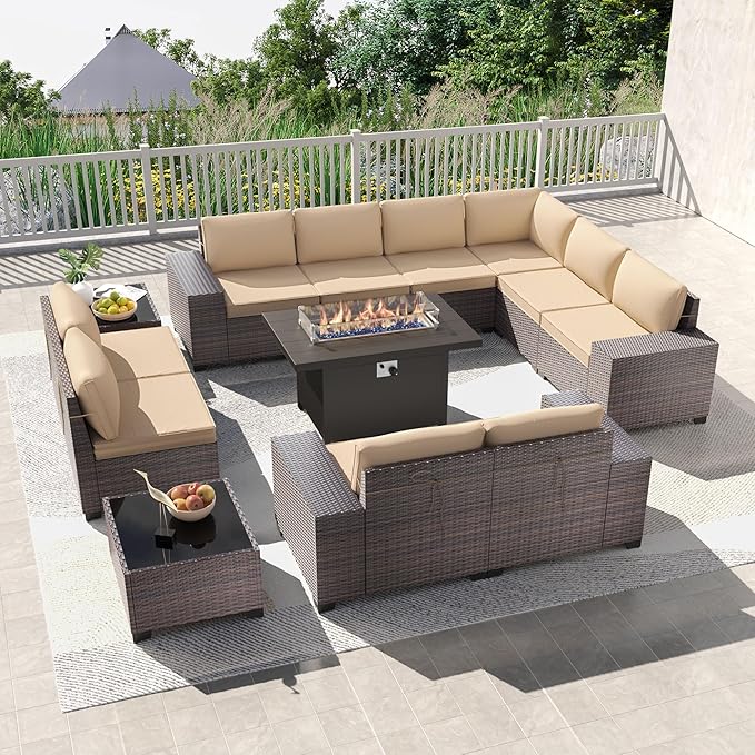 Kullavik 13PCS Outdoor Patio Furniture Set with 43" 55000BTU Gas Propane Fire Pit Table PE Wicker Rattan Sectional Sofa Patio Conversation Sets,Sand