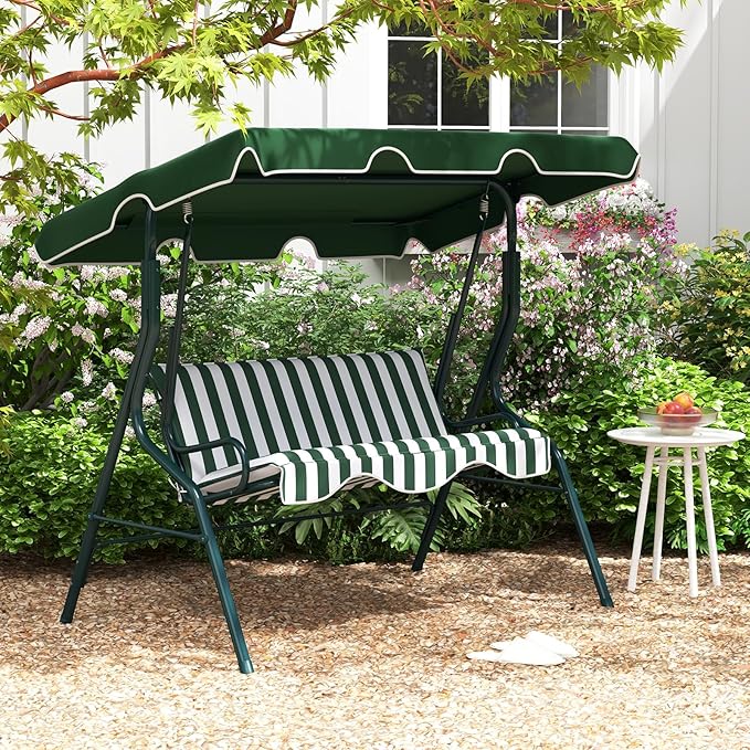 Tangkula 3 Person Porch Swing, Patio Swing with Removable Cushion & Powder-Coated Steel Frame, Outdoor Swing with Canopy for Porch, Backyard, Garden, Balcony (Green)