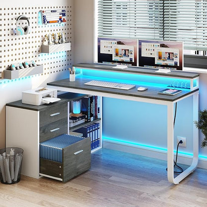YITAHOME L Shaped Desk with Power Outlets & LED Lights & File Cabinet, 55" Corner Computer Desk with 3 Drawers & 2 Storage Shelves, Home Office Desk with Monitor Stand, White & Grey