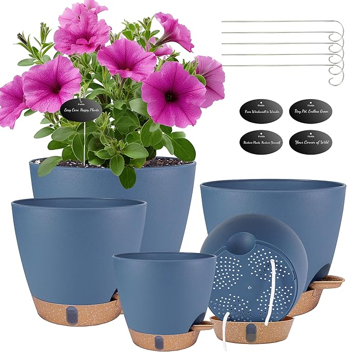Self Watering Pots for Inoor Ourdoor Plants 8/7/6.5/6/5 Inch Plastic Planters with Drainage Holes & Water Level Indicator, Decorative House Flower Nursery Planting Pots with Saucers (Navy Blue)