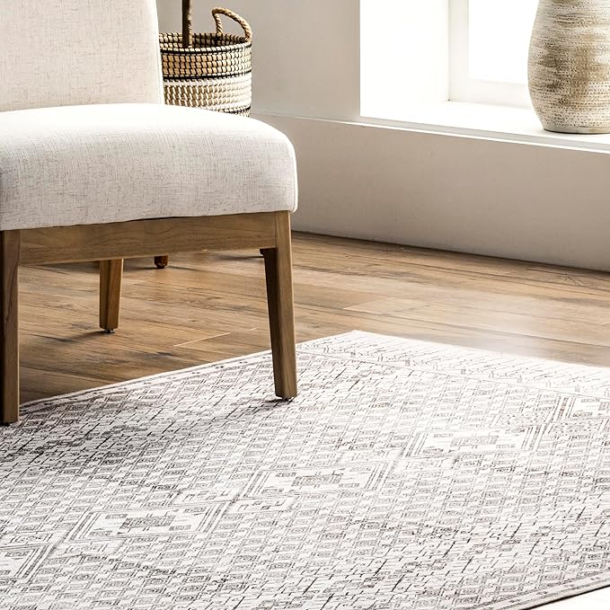 nuLOOM Hettie Transitional Tribal Machine Washable Ultra Thin Area Rug, 5' x 8', Light Grey