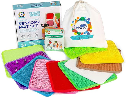 Sensory Mat Set - 9 Square 8.6-Inch Sensory Tiles for Sensory Wall, Floor & More - Mixed Colors & Textures Provide Fun Play-Based Learning for Kids Ages 3-8 - Includes Sensory Maze & Storage Bag